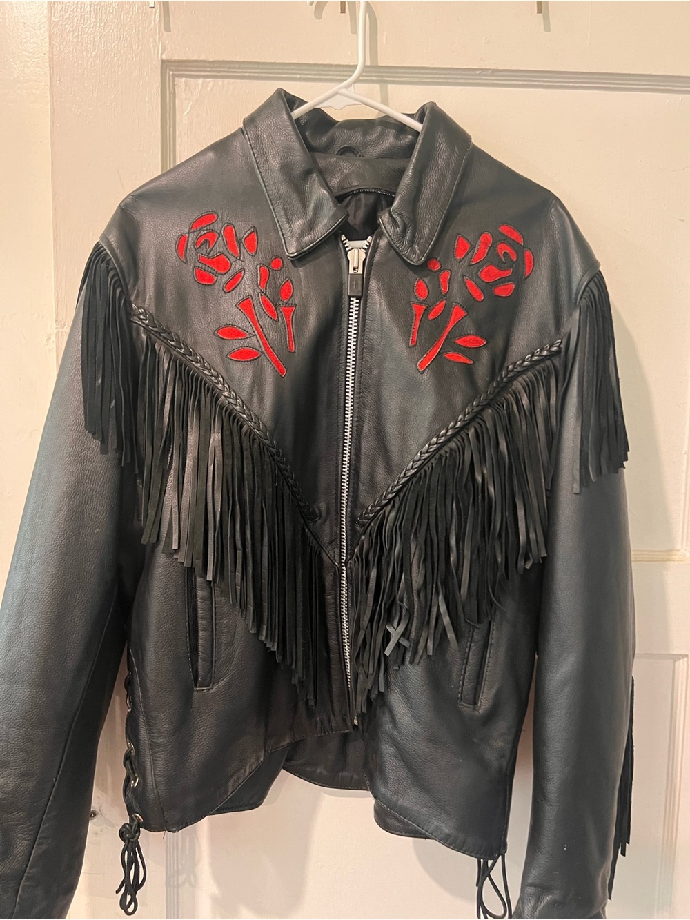 Black Leather Fringe Jacket with Red Rose Appliqué